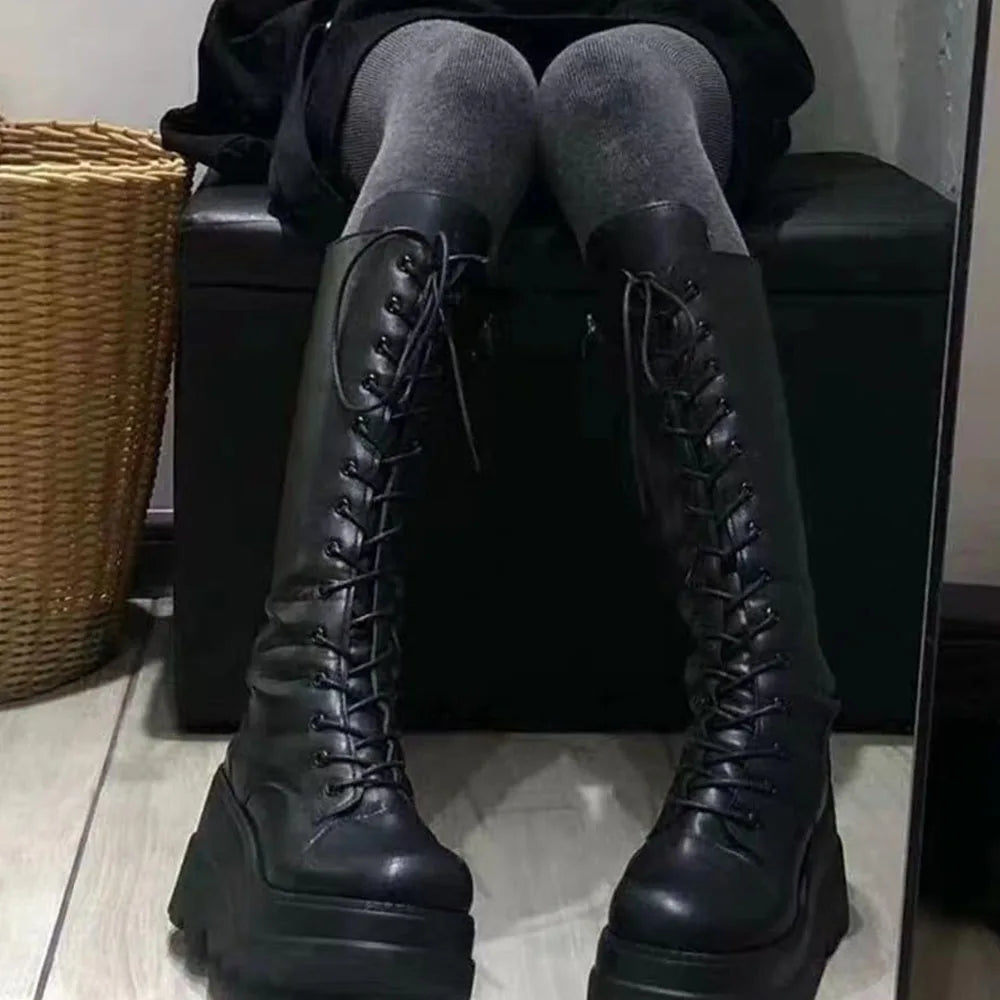 DoraTasia Gothic Lace Up Round Toe Boots For Women