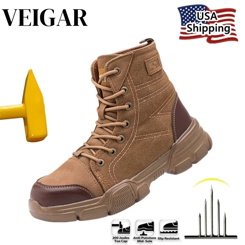 VEIGAR Canvas Breathable Work Shoes Puncture Proof Steel Toe Men