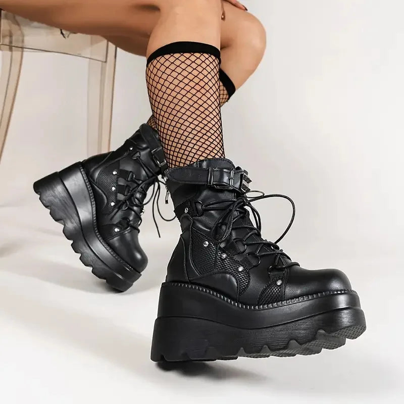 GIGIFOXCN Womens Gothic Wedge Combat Ankle Boots Buckle Lace Cosplay
