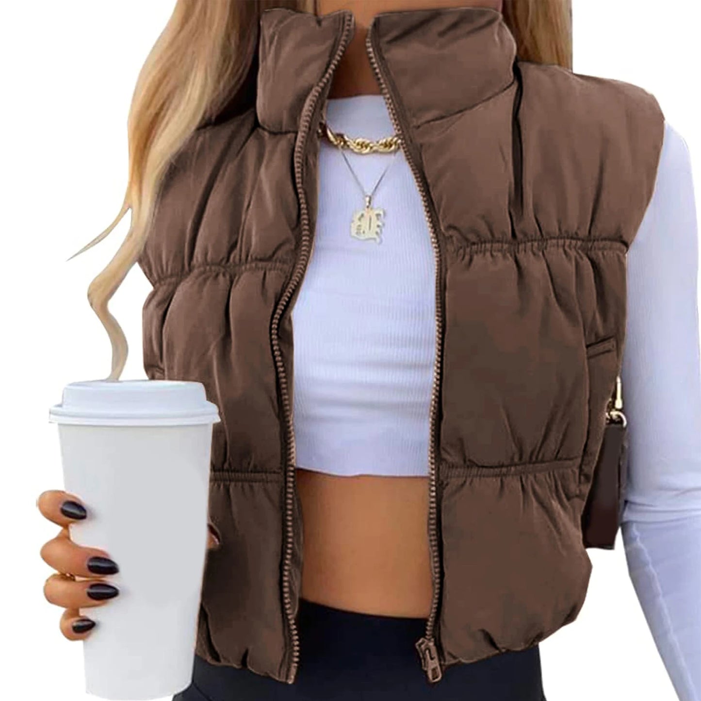 Hirigin Women Winter Quilted Vest Stand Collar Zipper