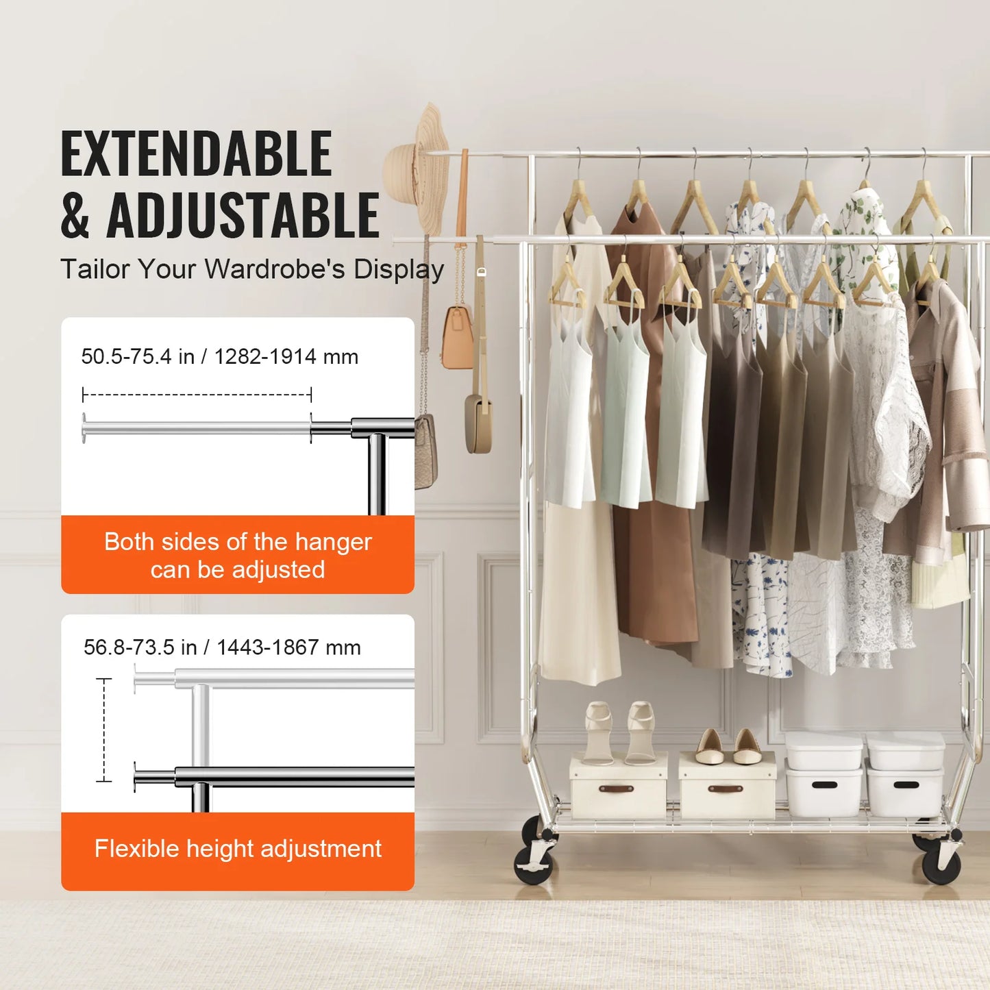 SucceBuy Heavy Duty Clothing Garment Rack With Adjustable Feature, Bottom Shelf And Wheels For Laundry Room