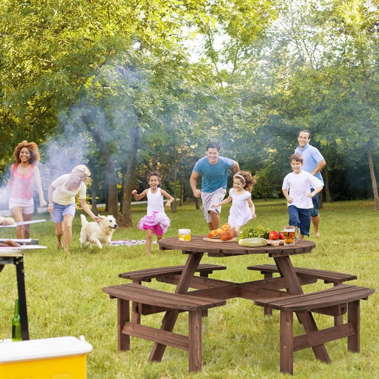 8 Person Wood 4 Built-in Benches Umbrella Hole Table