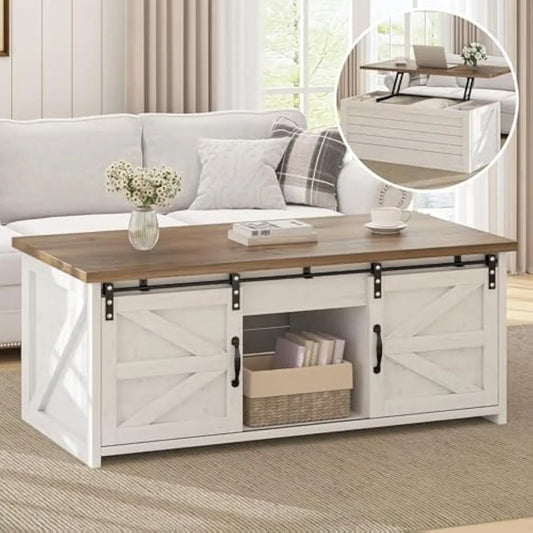 Farmhouse Lift Top Coffee Table With Storage And Sliding Doors