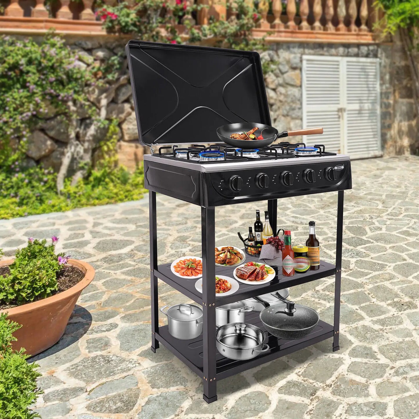 Five Burner Gas Stove Outdoor Camping Grill With Storage Rack