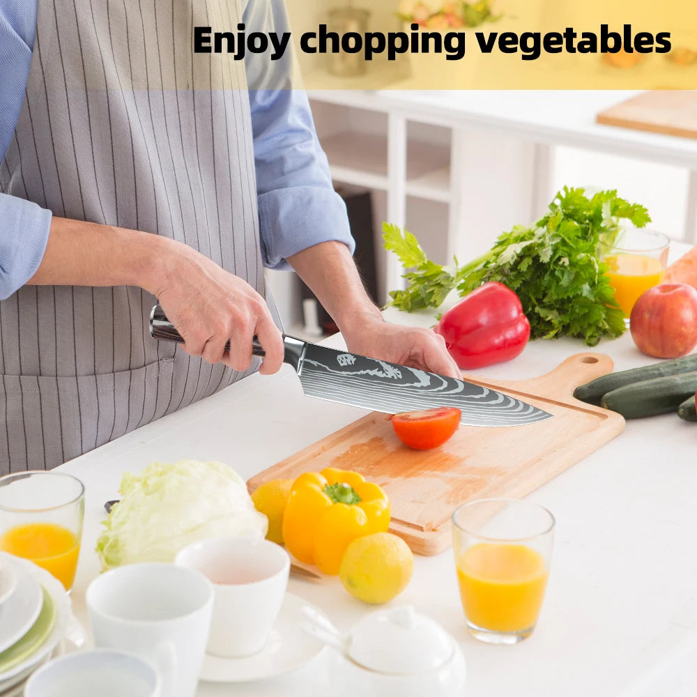 Damascus Pattern Stainless Steel Knife Set 7CR17 Chef Knives