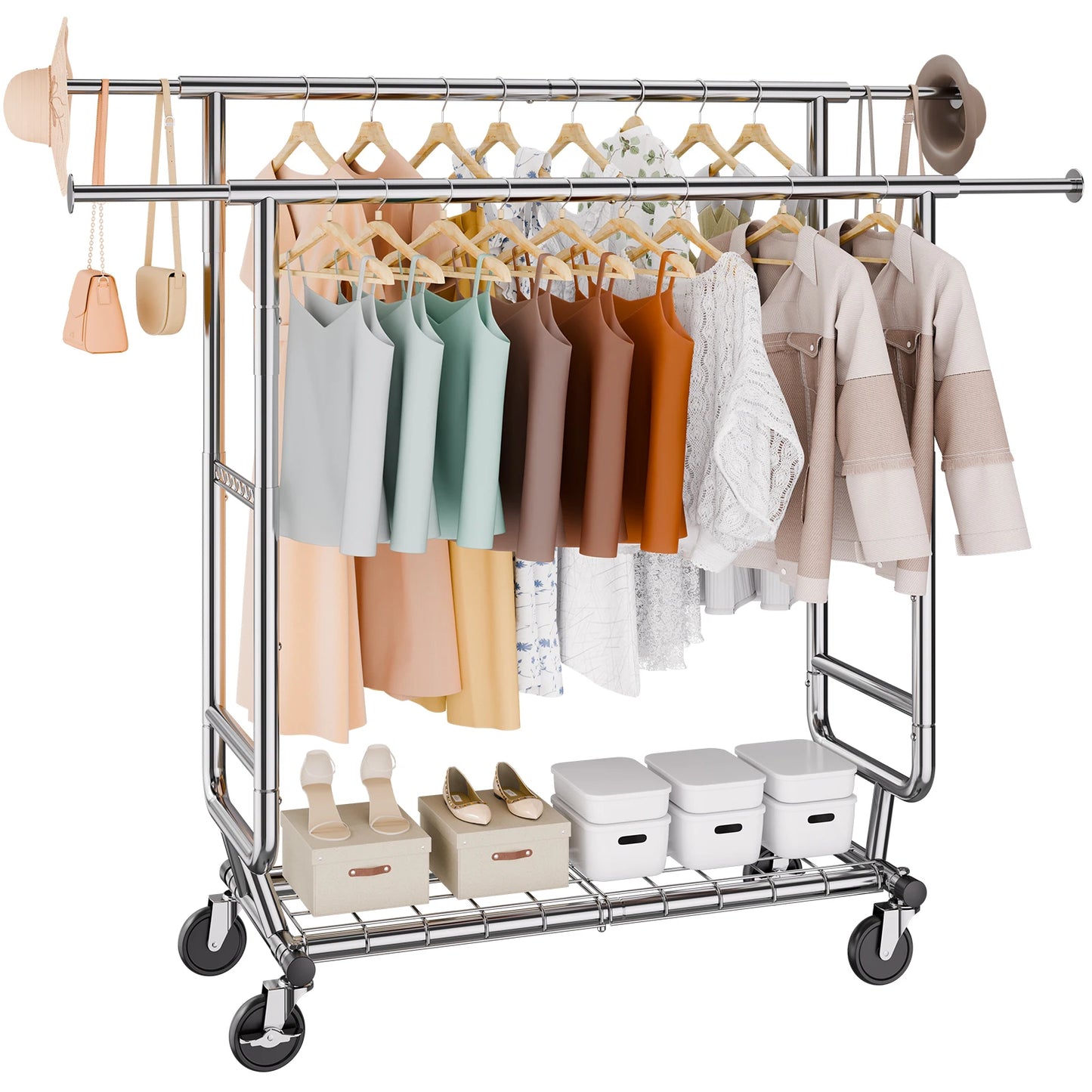 SucceBuy Heavy Duty Clothing Garment Rack With Adjustable Feature, Bottom Shelf And Wheels For Laundry Room