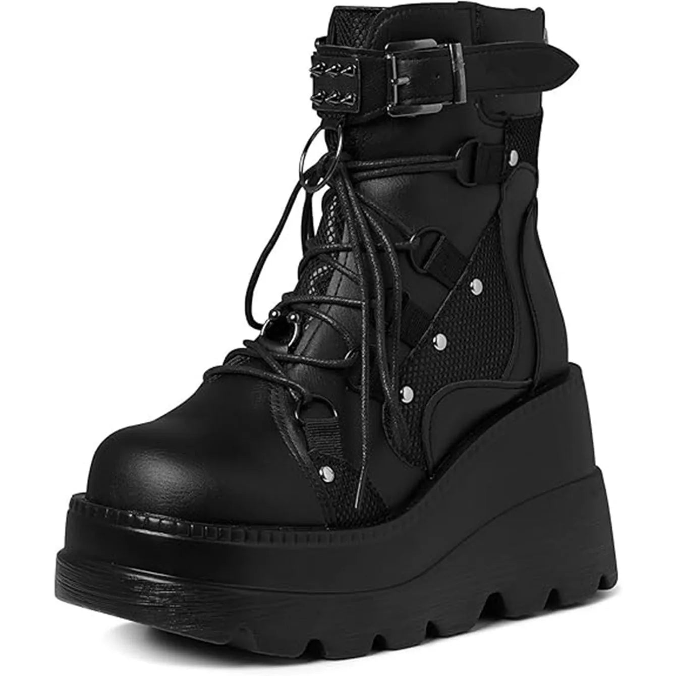 GIGIFOXCN Womens Gothic Wedge Combat Ankle Boots Buckle Lace Cosplay
