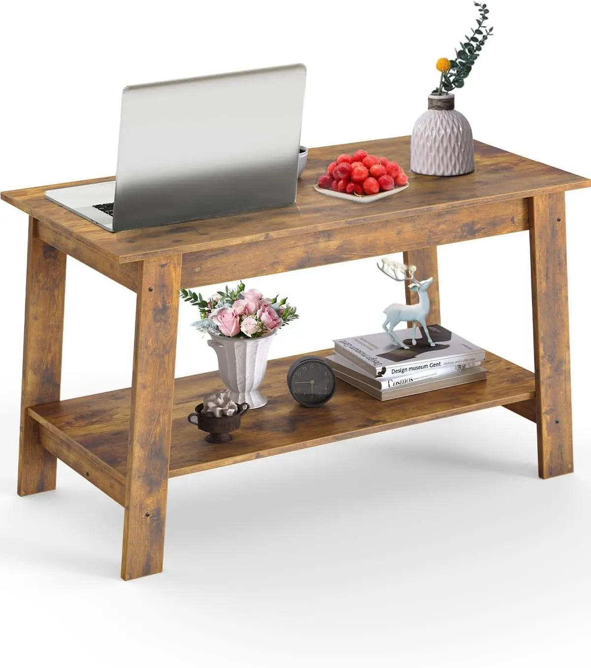 TWISTER.CK Rustic Farmhouse Wood Coffee Table With Storage Shelf