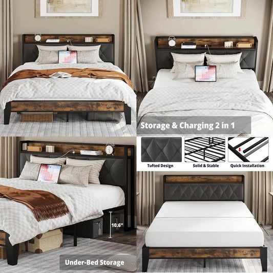 Storage Headboard Bed Frame With Outlets And Easy Assembly