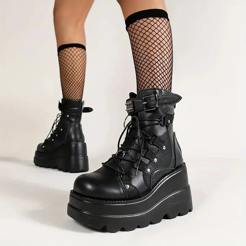 GIGIFOXCN Womens Gothic Wedge Combat Ankle Boots Buckle Lace Cosplay
