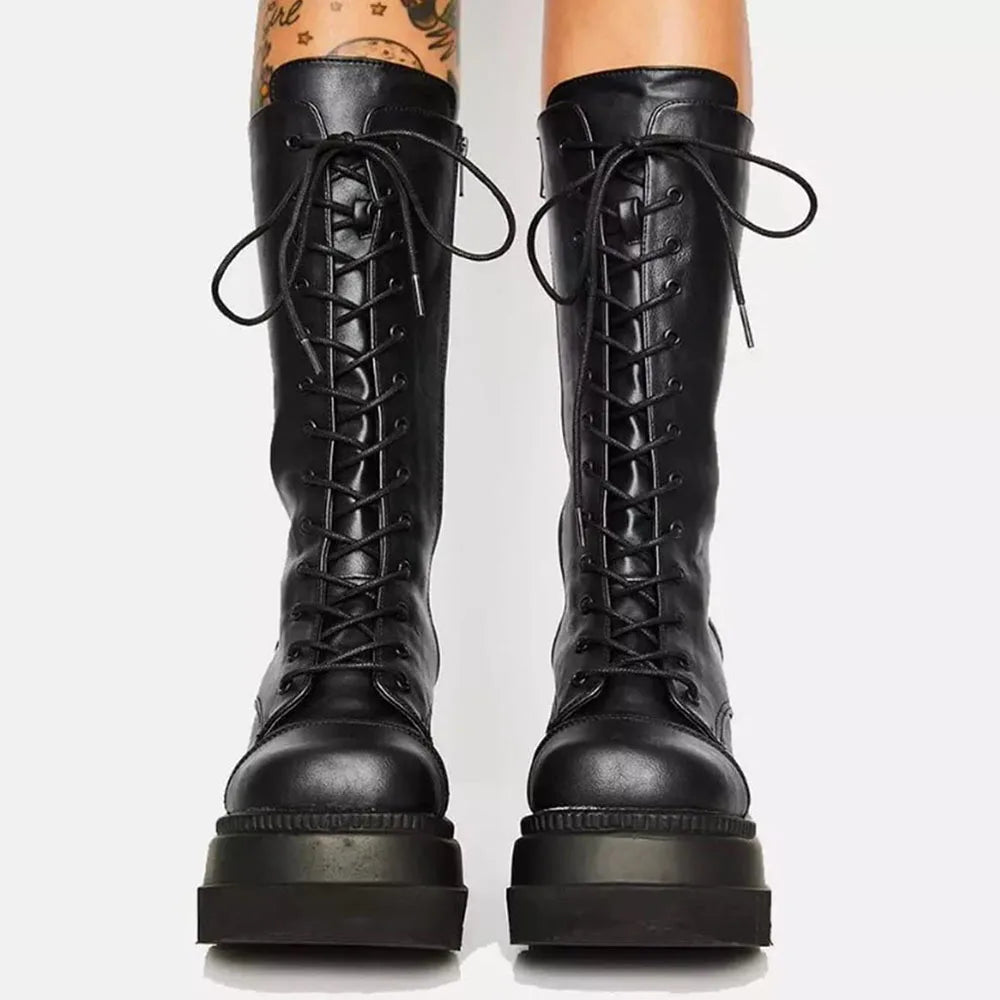 DoraTasia Gothic Lace Up Round Toe Boots For Women