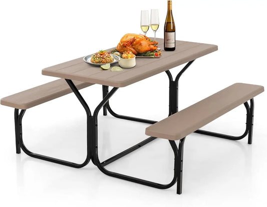 Plastic Picnic Table w/Steel Frame Heavy Duty for Outdoors