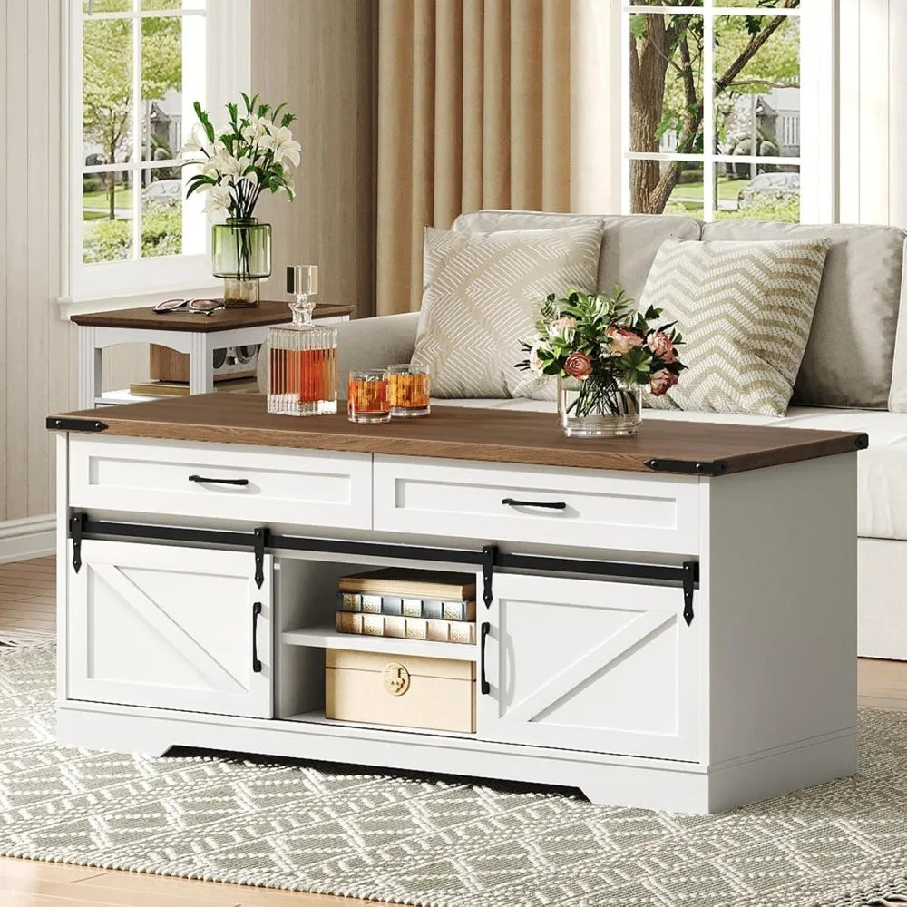 XMSJ Rustic Farmhouse Coffee Table With Storage Two Drawers