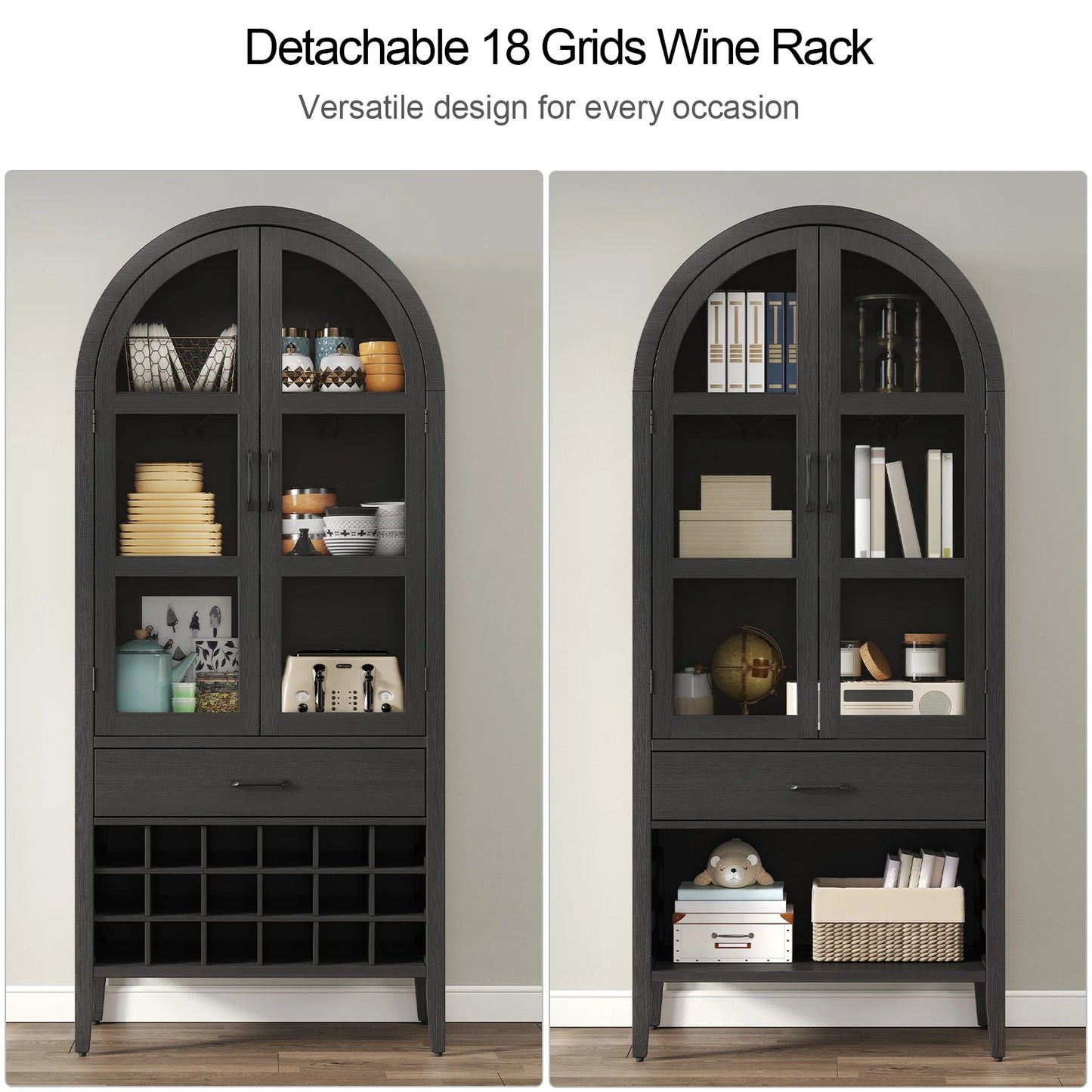 ONBRILL Wine Bar Cabinet Arched Storage With Doors Whiskey Station And Wine Rack Glass Holder
