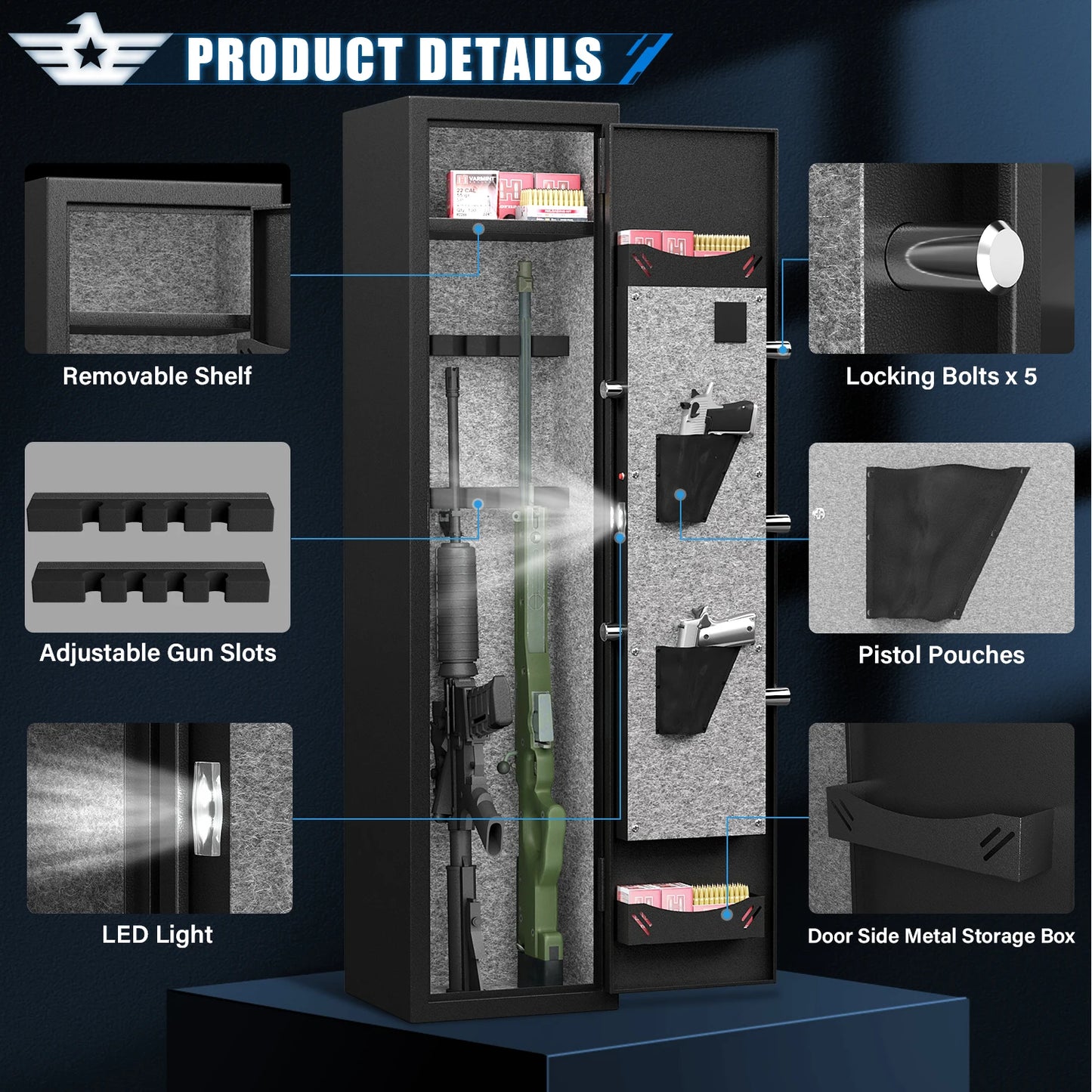 Kavey Biometric Fingerprint Gun Safe With LED Light