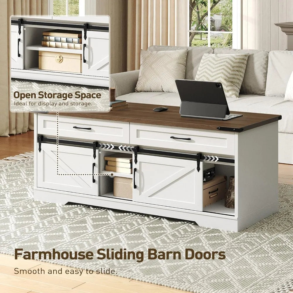 XMSJ Rustic Farmhouse Coffee Table With Storage Two Drawers