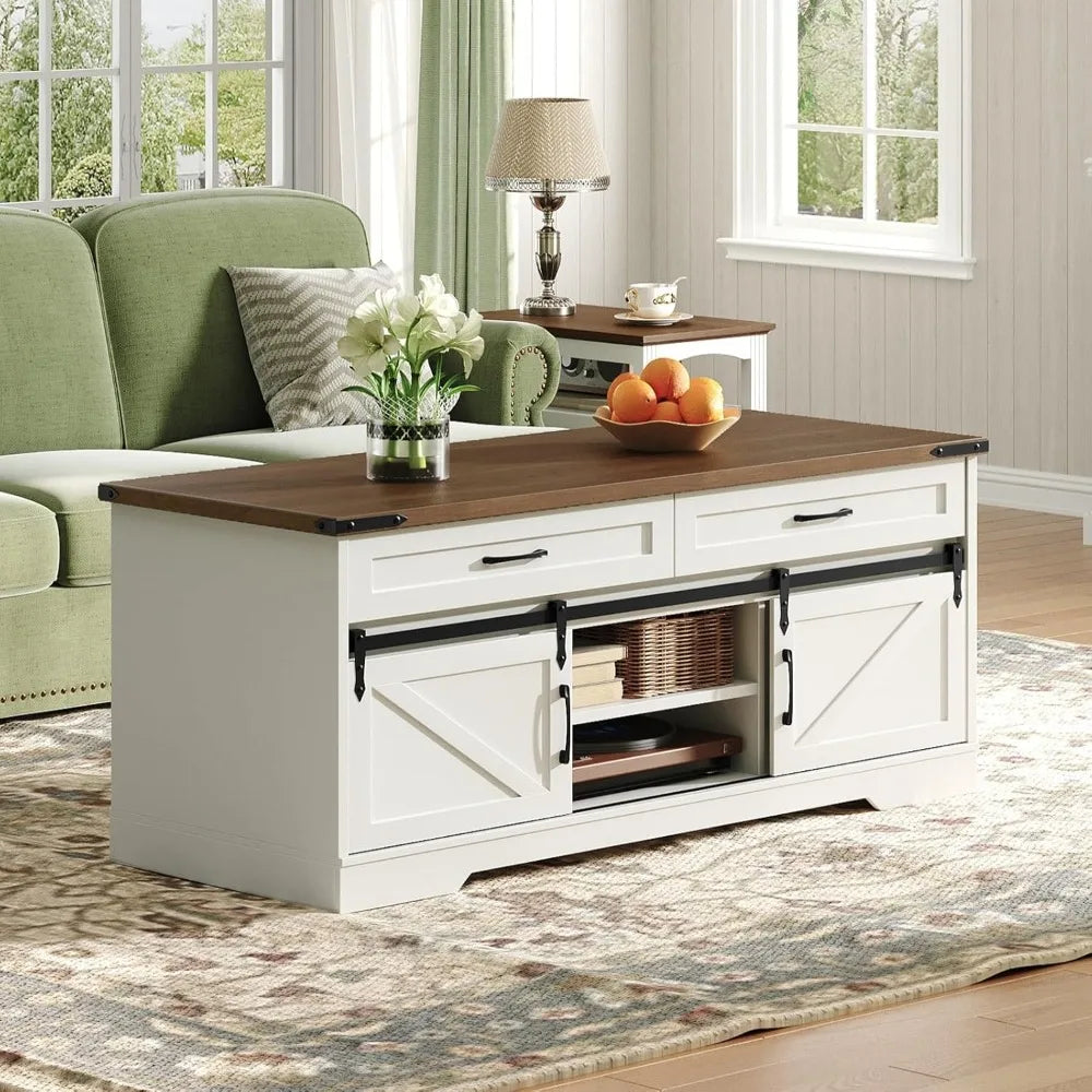 XMSJ Rustic Farmhouse Coffee Table With Storage Two Drawers