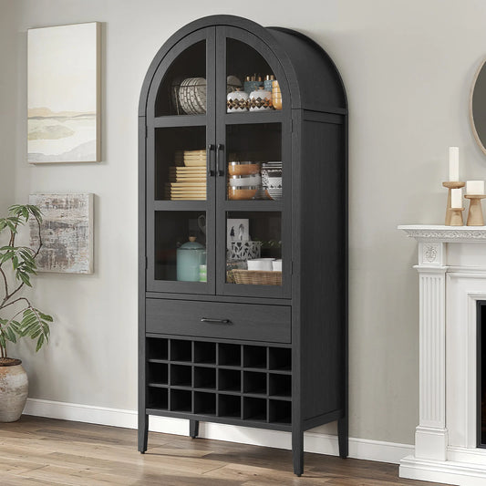 ONBRILL Wine Bar Cabinet Arched Storage With Doors Whiskey Station And Wine Rack Glass Holder