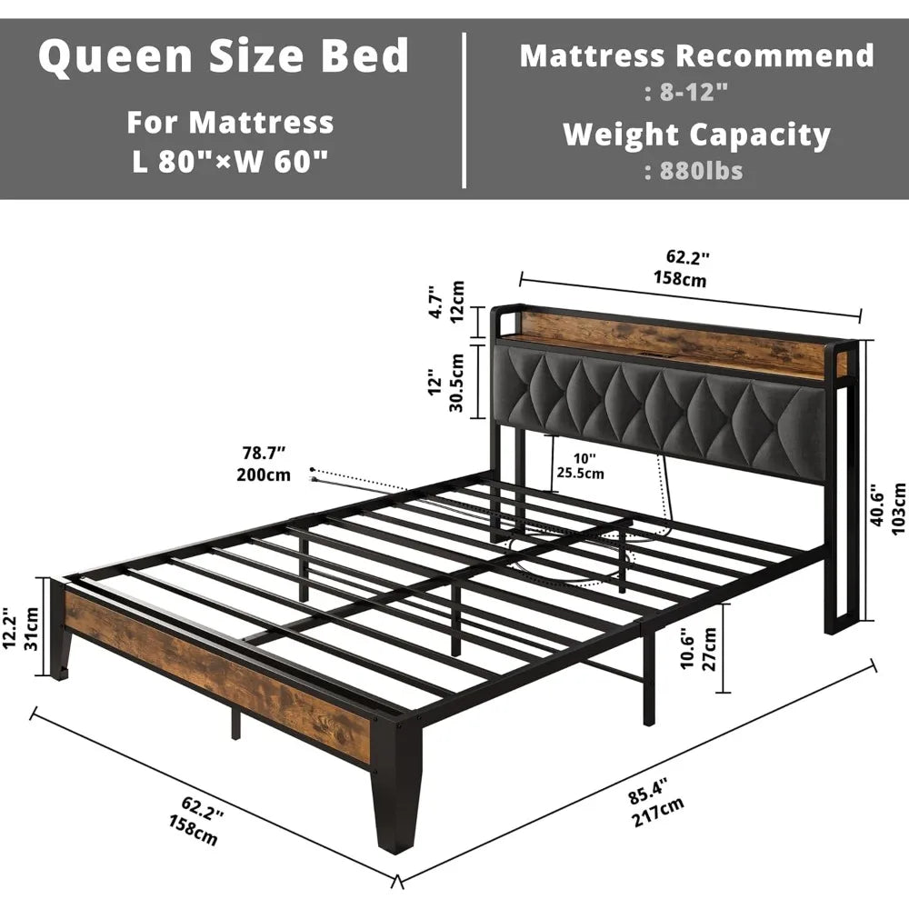 Storage Headboard Bed Frame With Outlets And Easy Assembly