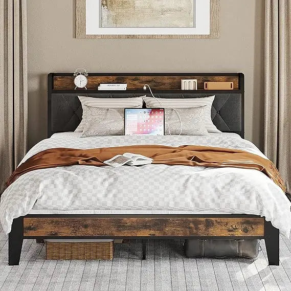 Storage Headboard Bed Frame With Outlets And Easy Assembly