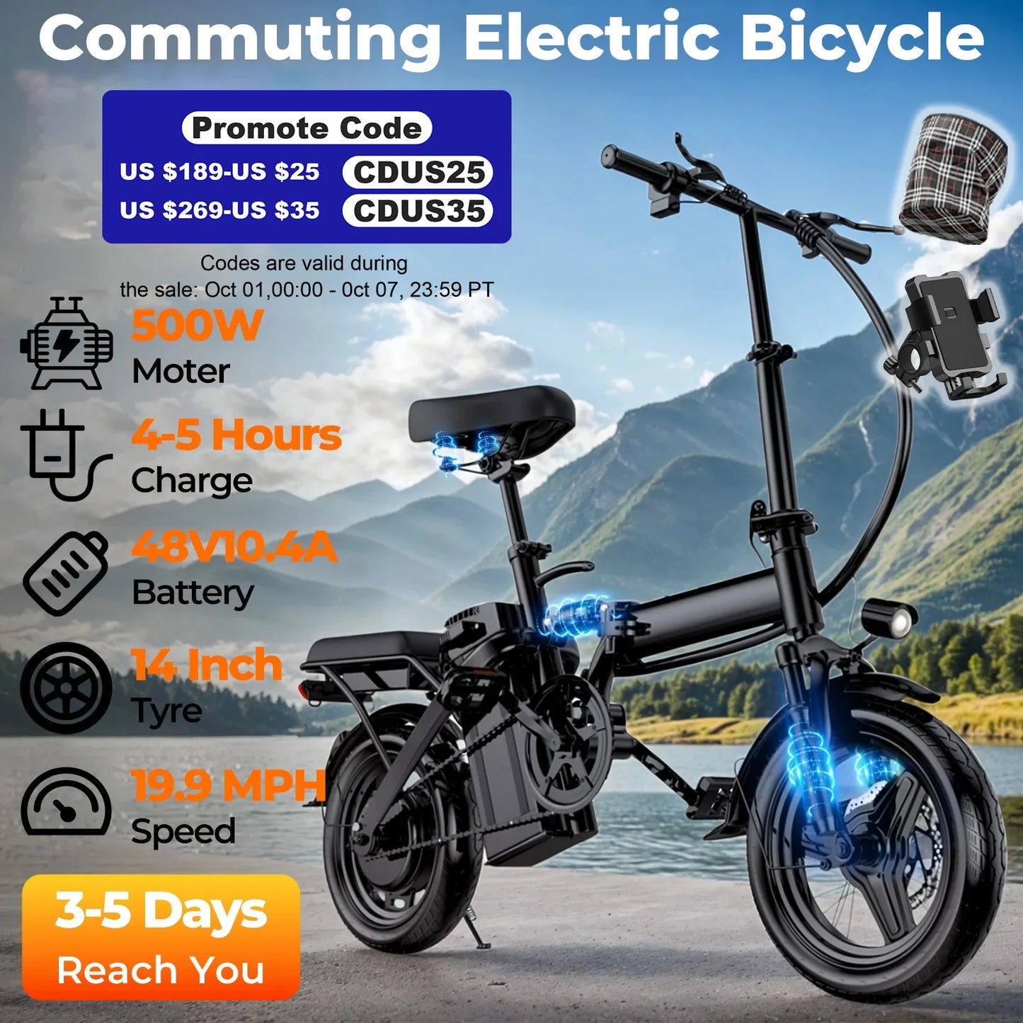 Lelekuai 500W Folding Electric Bike With Removable 48V 12Ah Battery