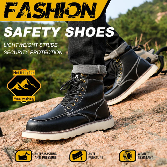Men's Two Layer Cowhide High Top Waterproof Work Safety Shoes