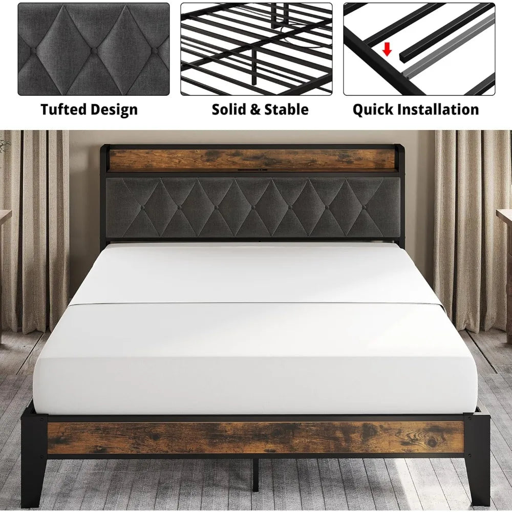 Storage Headboard Bed Frame With Outlets And Easy Assembly