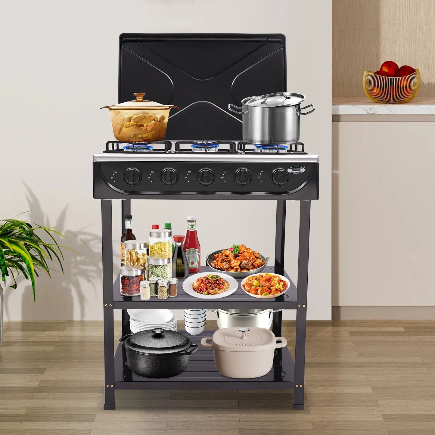 Five Burner Gas Stove Outdoor Camping Grill With Storage Rack