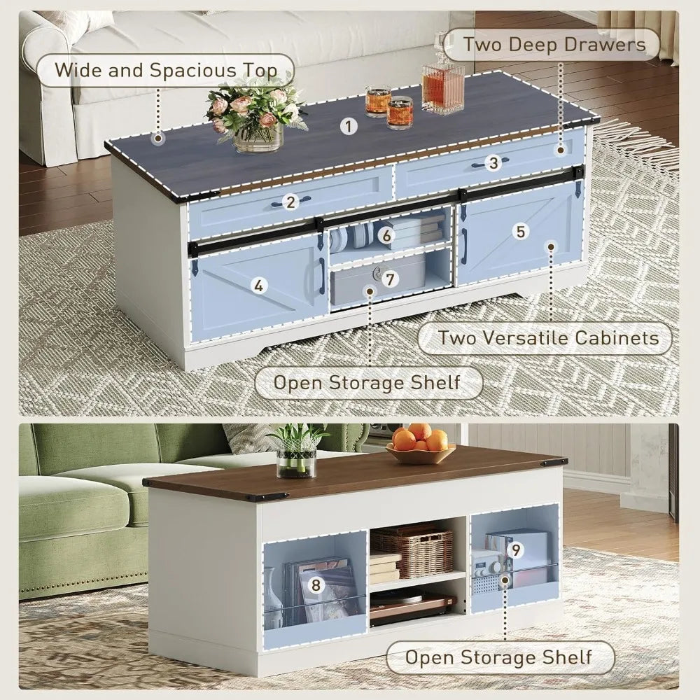 XMSJ Rustic Farmhouse Coffee Table With Storage Two Drawers