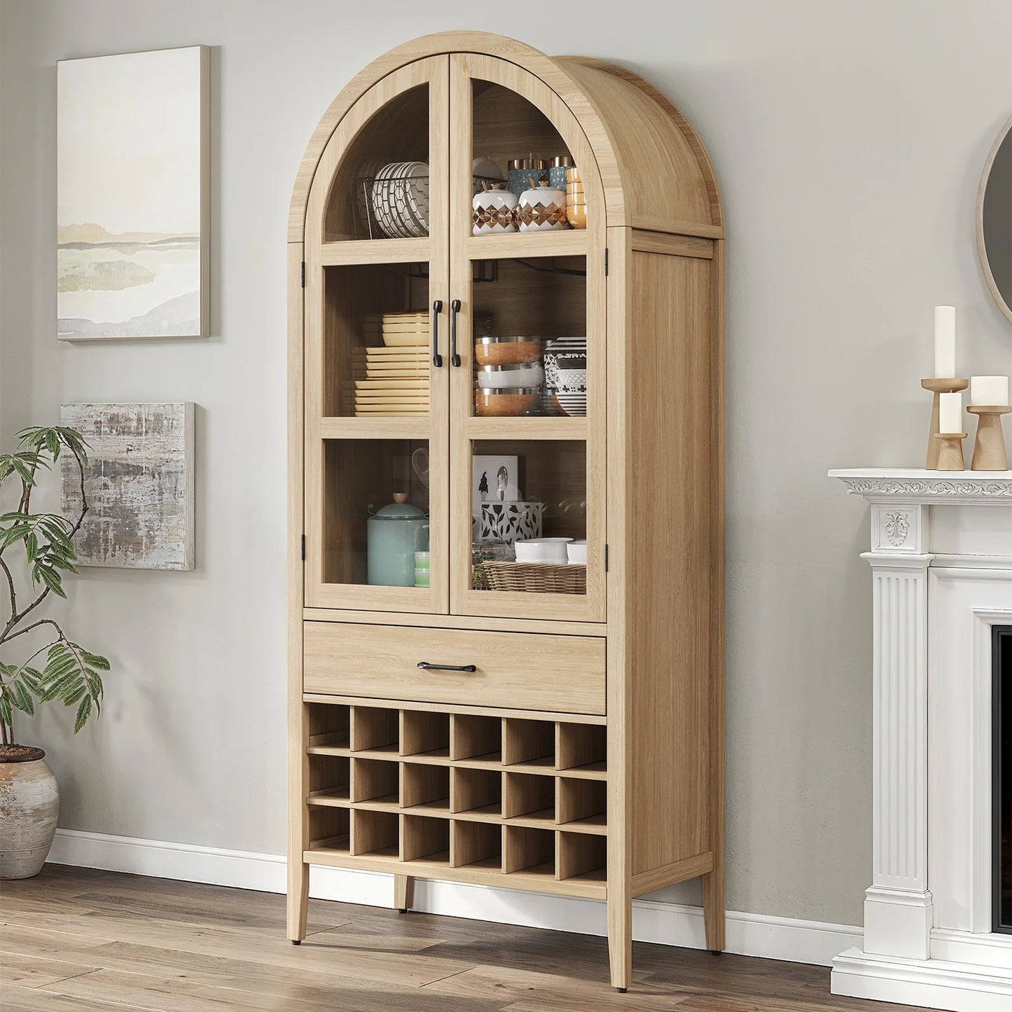 ONBRILL Wine Bar Cabinet Arched Storage With Doors Whiskey Station And Wine Rack Glass Holder