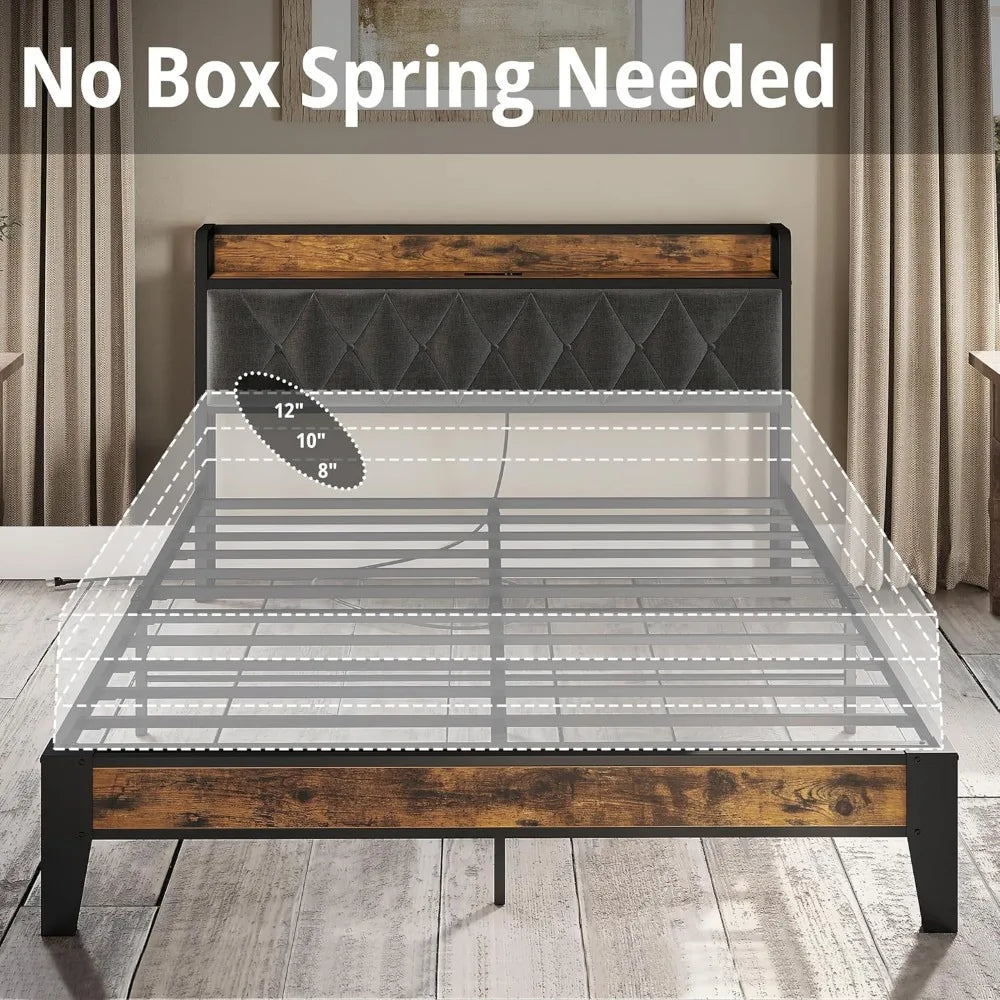 Storage Headboard Bed Frame With Outlets And Easy Assembly