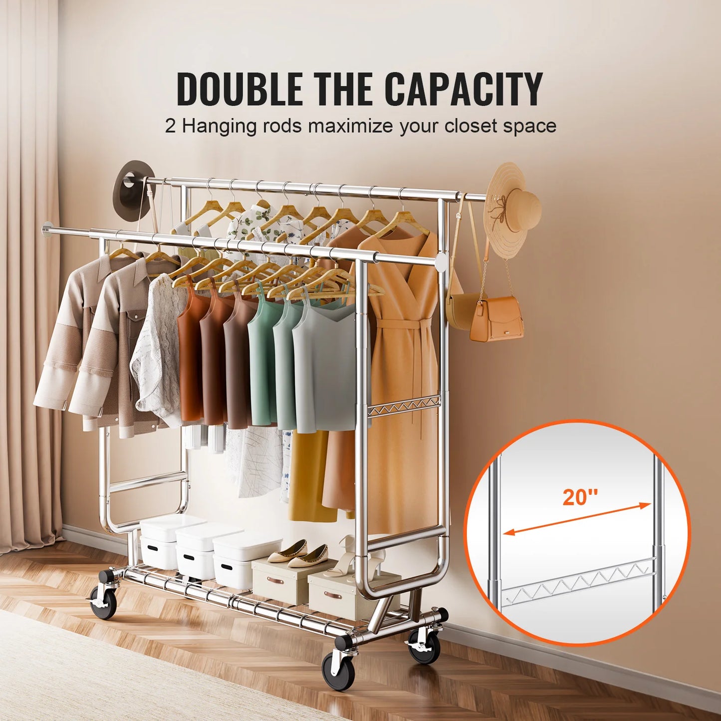SucceBuy Heavy Duty Clothing Garment Rack With Adjustable Feature, Bottom Shelf And Wheels For Laundry Room