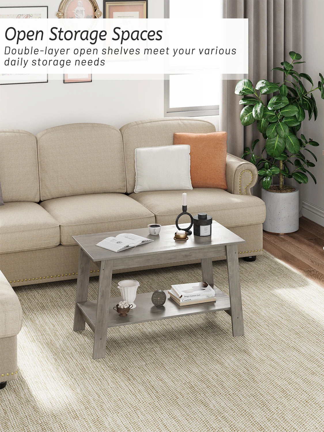 TWISTER.CK Rustic Farmhouse Wood Coffee Table With Storage Shelf