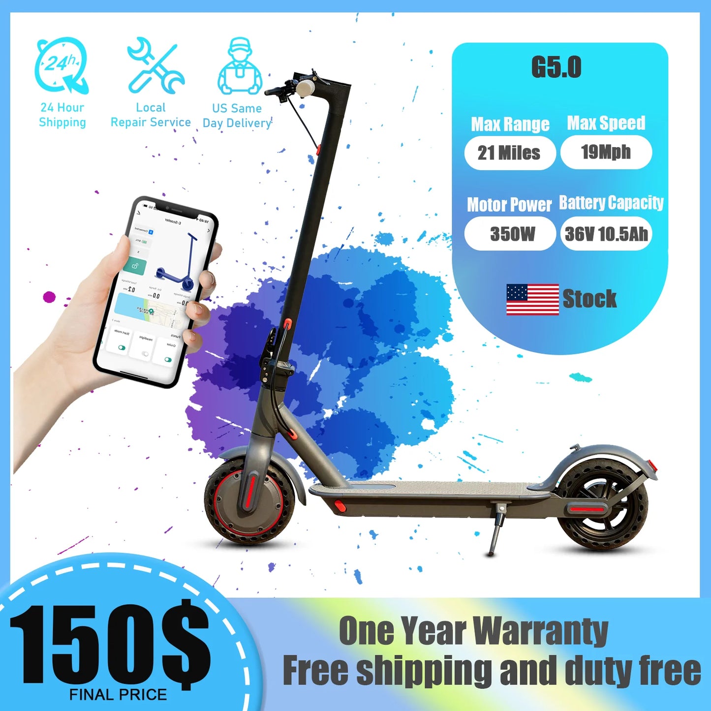 G5 Electric Scooter 36V 10Ah Long Range 21 Miles Foldable