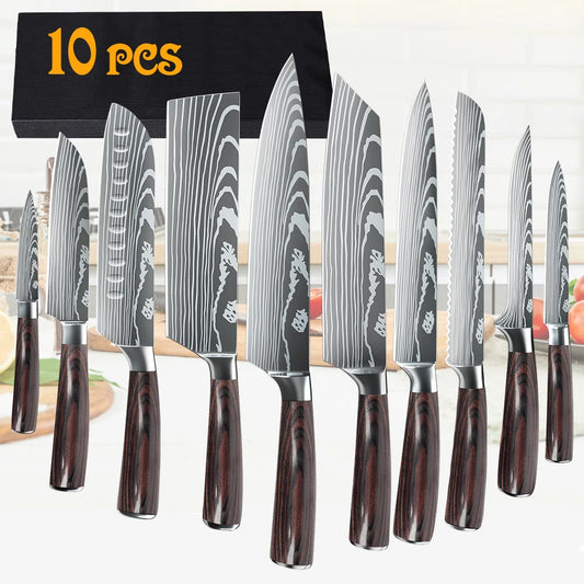 1-10PCS Knife Set, Damascus Pattern Stainless Steel