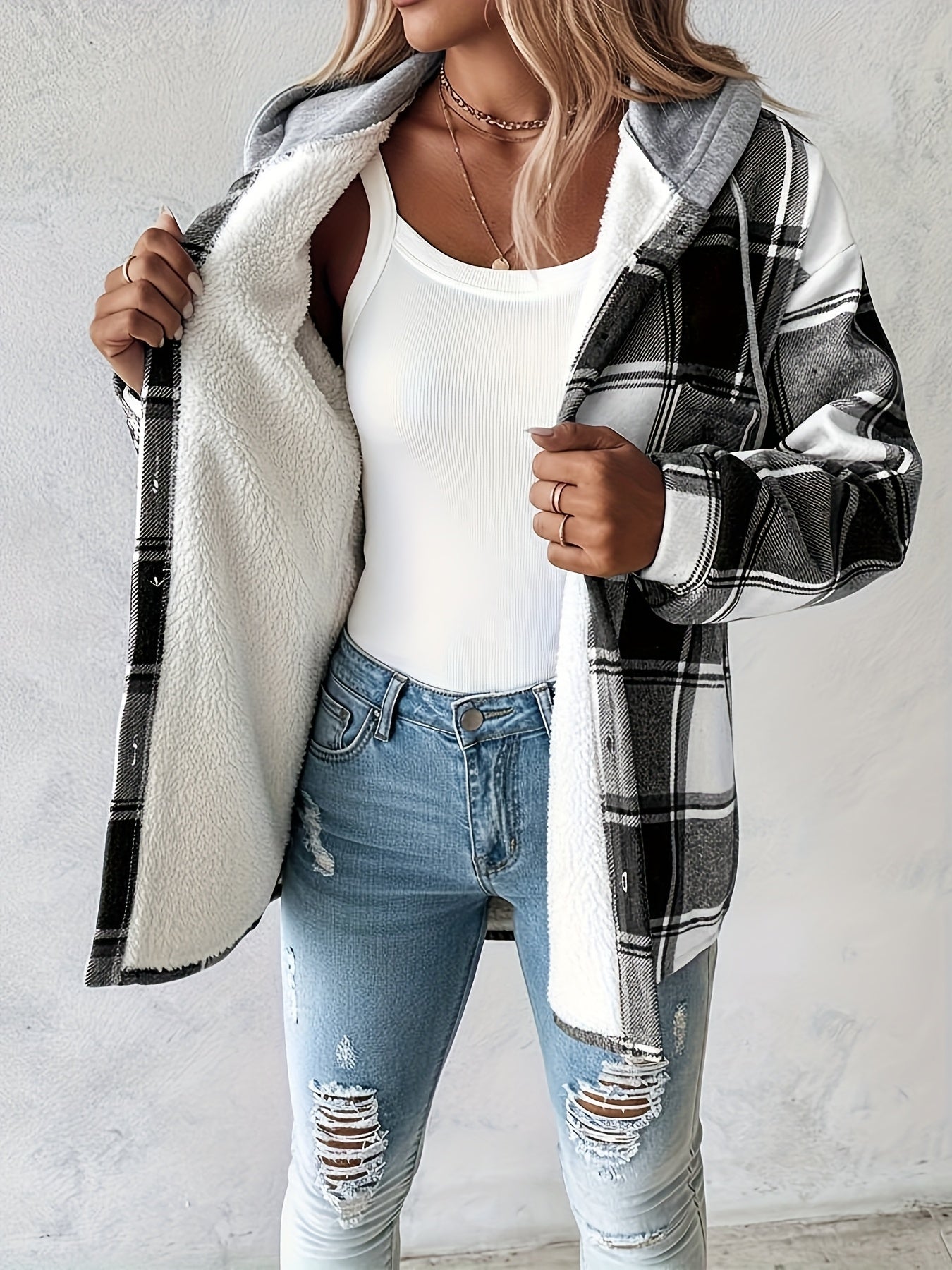 CHICME Plaid Hooded Jacket With Fleece Lining Cozy Winter Coat Machine Washable