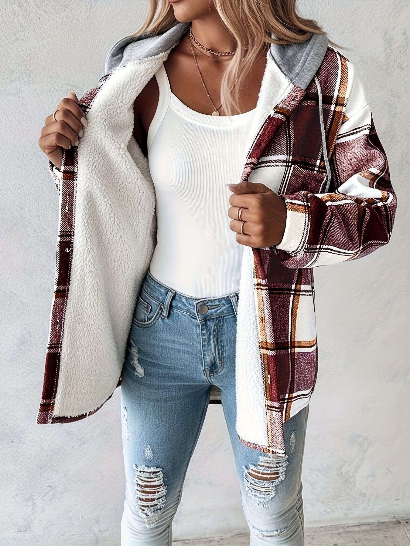 CHICME Plaid Hooded Jacket With Fleece Lining Cozy Winter Coat Machine Washable