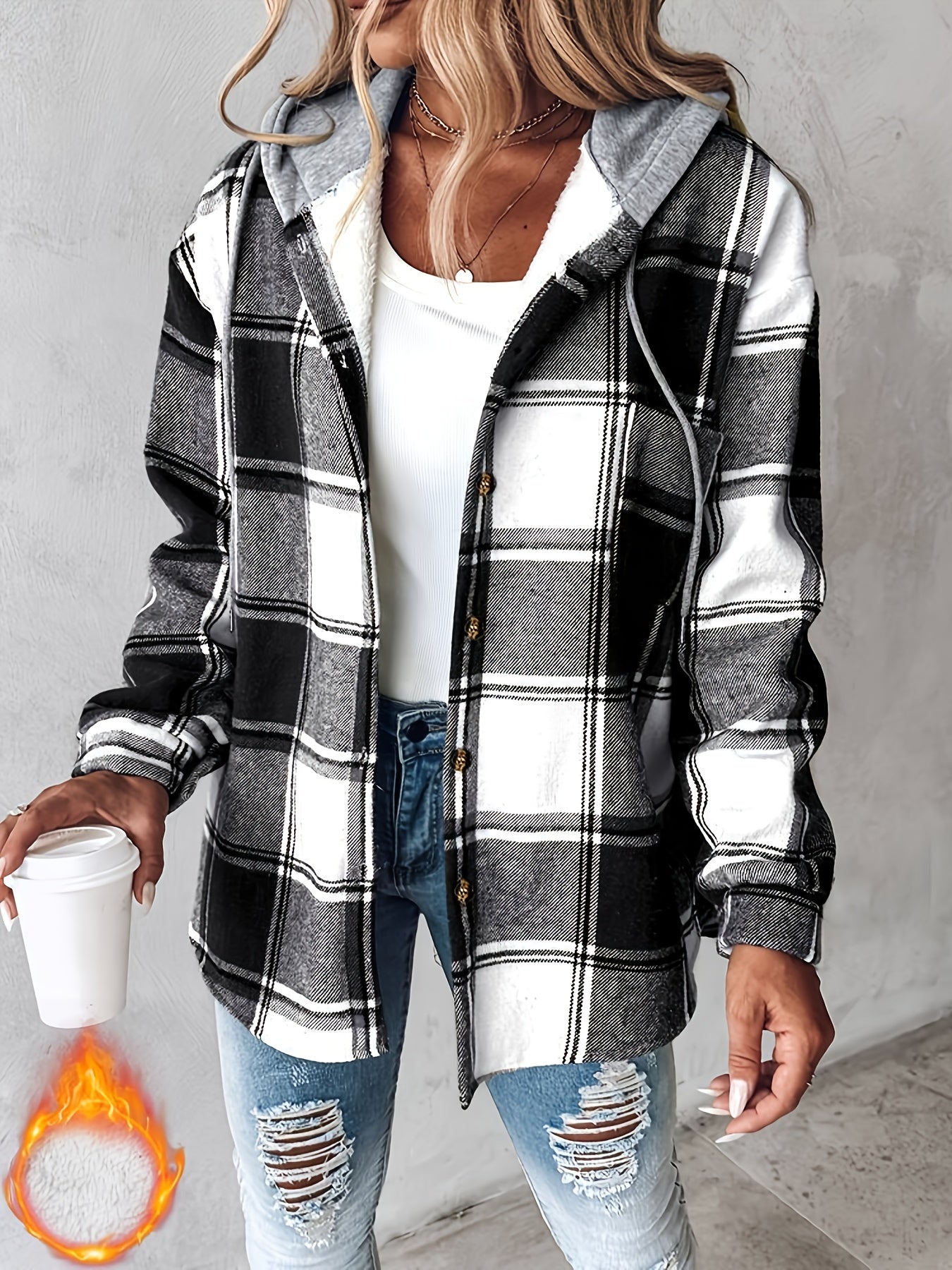CHICME Plaid Hooded Jacket With Fleece Lining Cozy Winter Coat Machine Washable