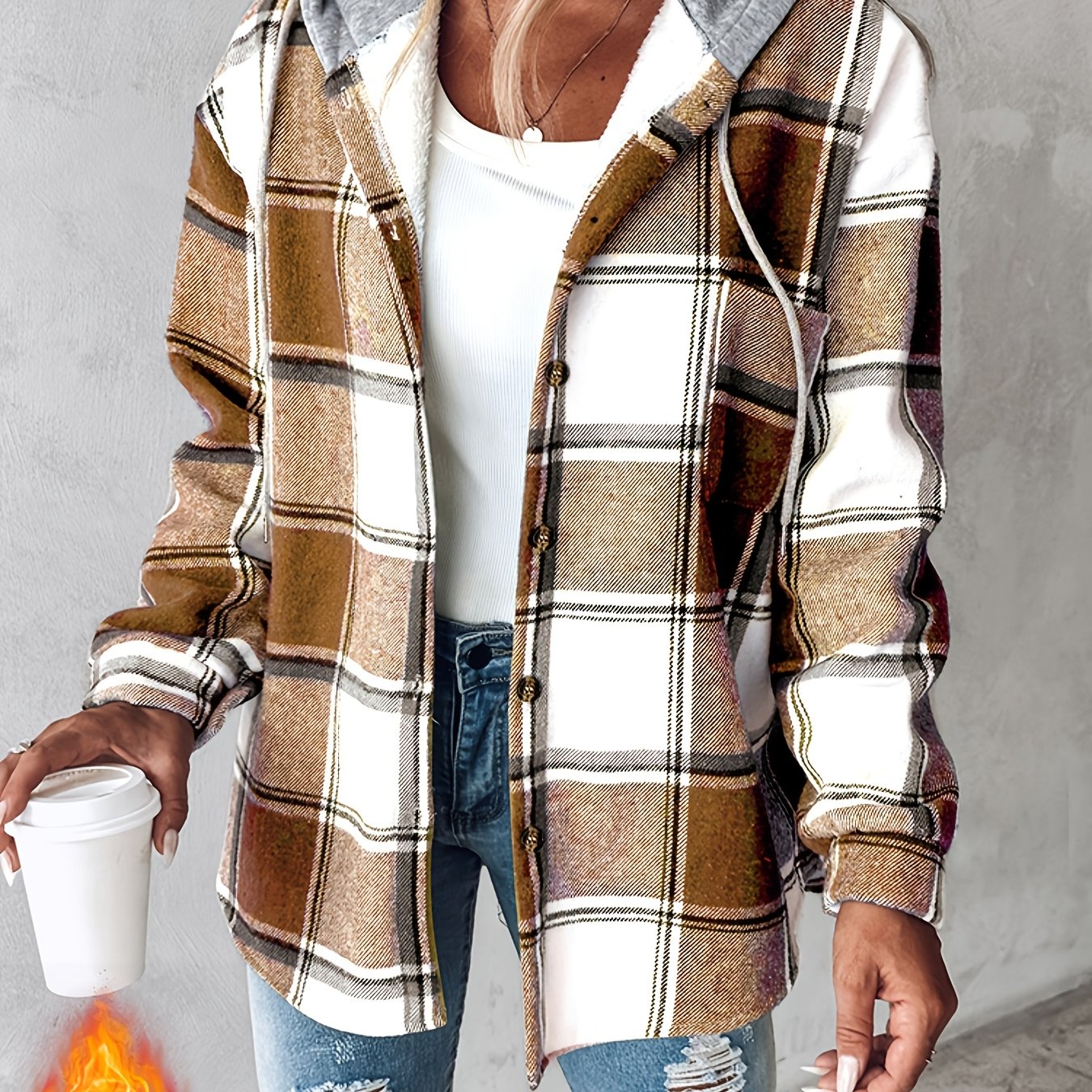 CHICME Plaid Hooded Jacket With Fleece Lining Cozy Winter Coat Machine Washable