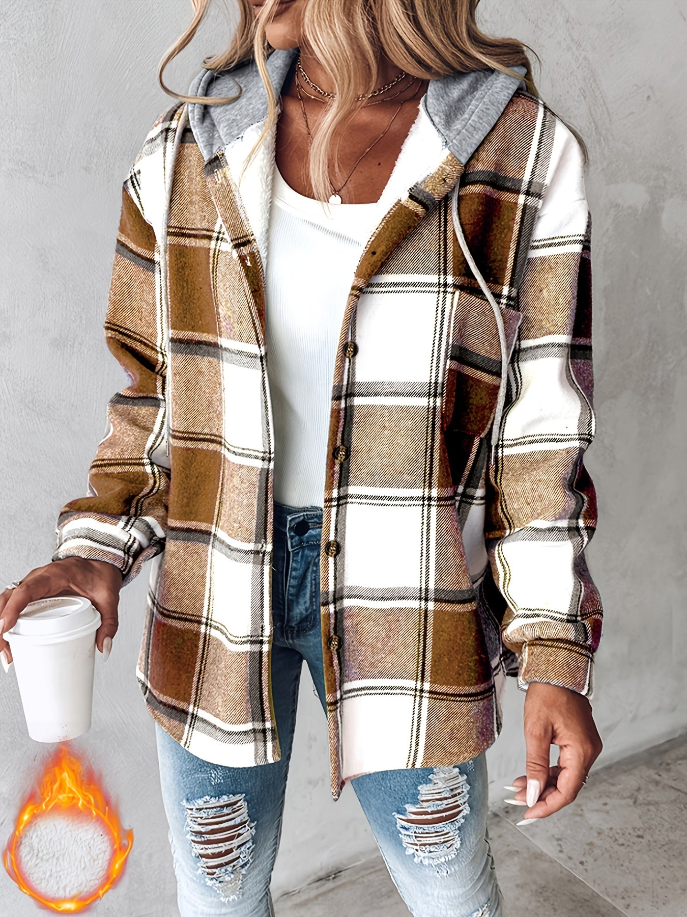 CHICME Plaid Hooded Jacket With Fleece Lining Cozy Winter Coat Machine Washable